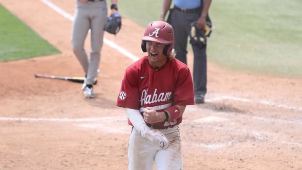 Alabama baseball player Jim Jarvis (10) celebrates against Kentucky at Sewell-Thomas Stadium in Tuscaloosa, AL on Sunday, Mar 26, 2023.